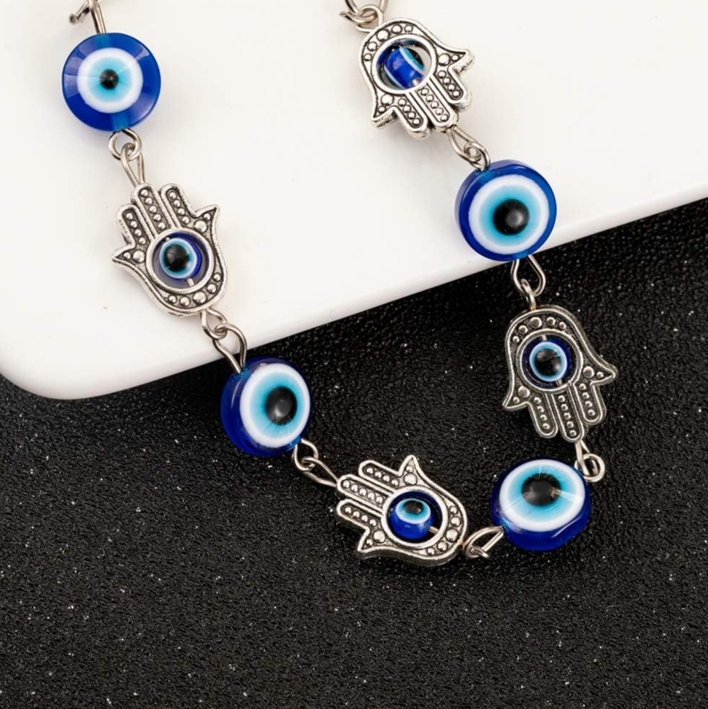 Blue Evil Eye Bracelet, Evil Eye Hamsa Hand Charm Bracelet, Charms